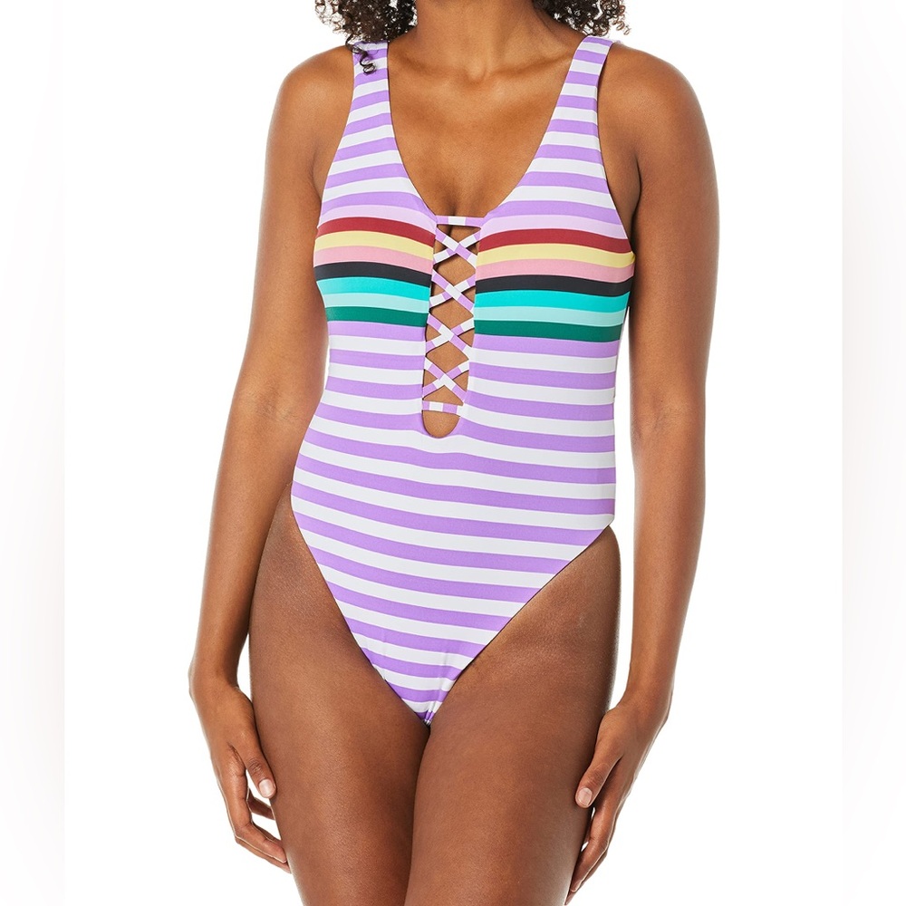 THE BIKINI LAB Stripeout High Leg Cheeky One Piece Swimsuit Women's size L